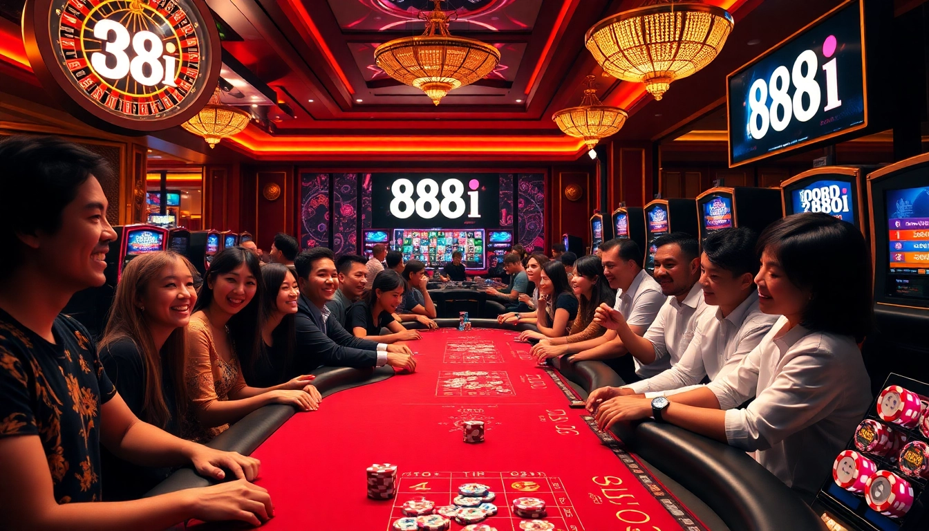 Players enjoying high-stakes games at the luxurious casino 88i, celebrating wins and strategizing.