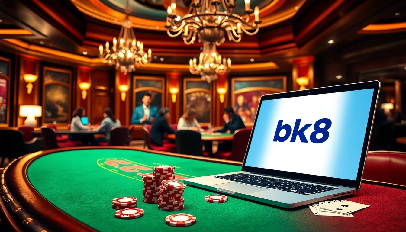 Experience the thrill of gaming at BK8's luxurious casino with vibrant poker tables and chips.