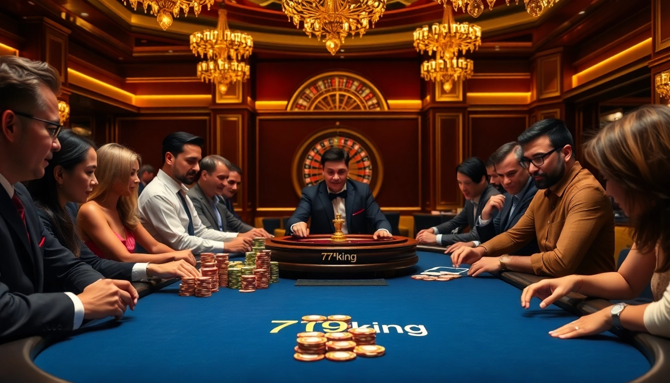Engage in high-stakes poker at 79king's luxury casino table with vibrant chips and players.