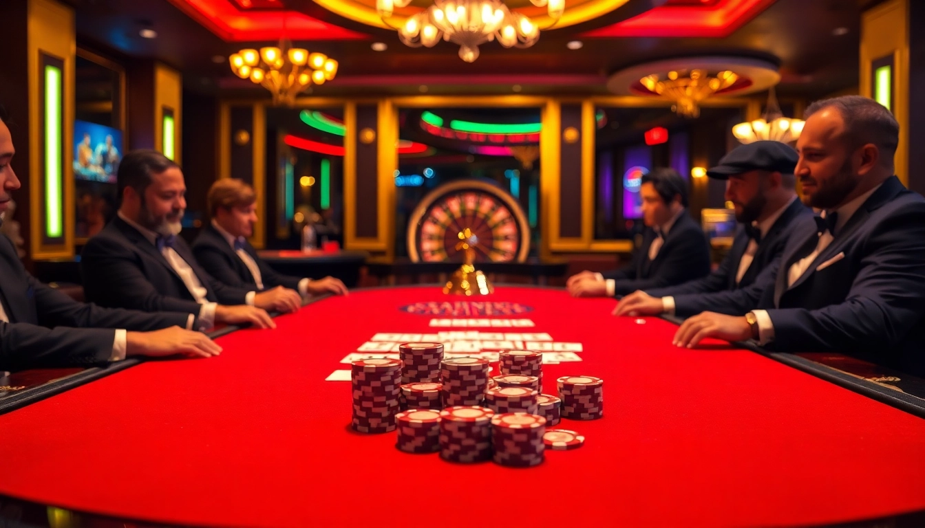 Exciting gaming scene at trang chủ 789club with poker table, chips, and roulette wheel.