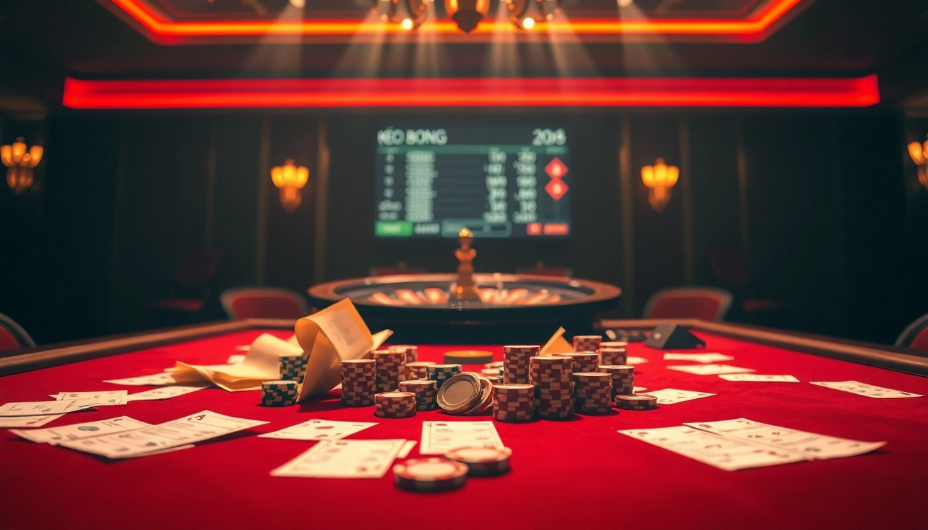 Betting on kèo bóng đá at a luxurious casino with poker chips and betting slips.