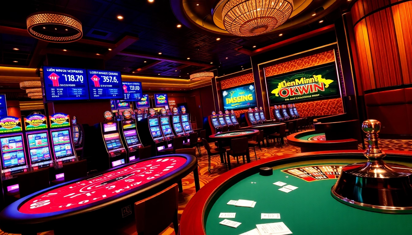 Experience the excitement of liên minh okwin with vibrant casino gaming elements, including poker tables and slot machines.