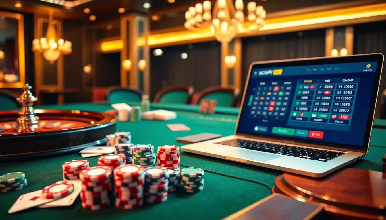 Engaging online gambling scene at https://luckywin.name with elegant casino table and smartphone.