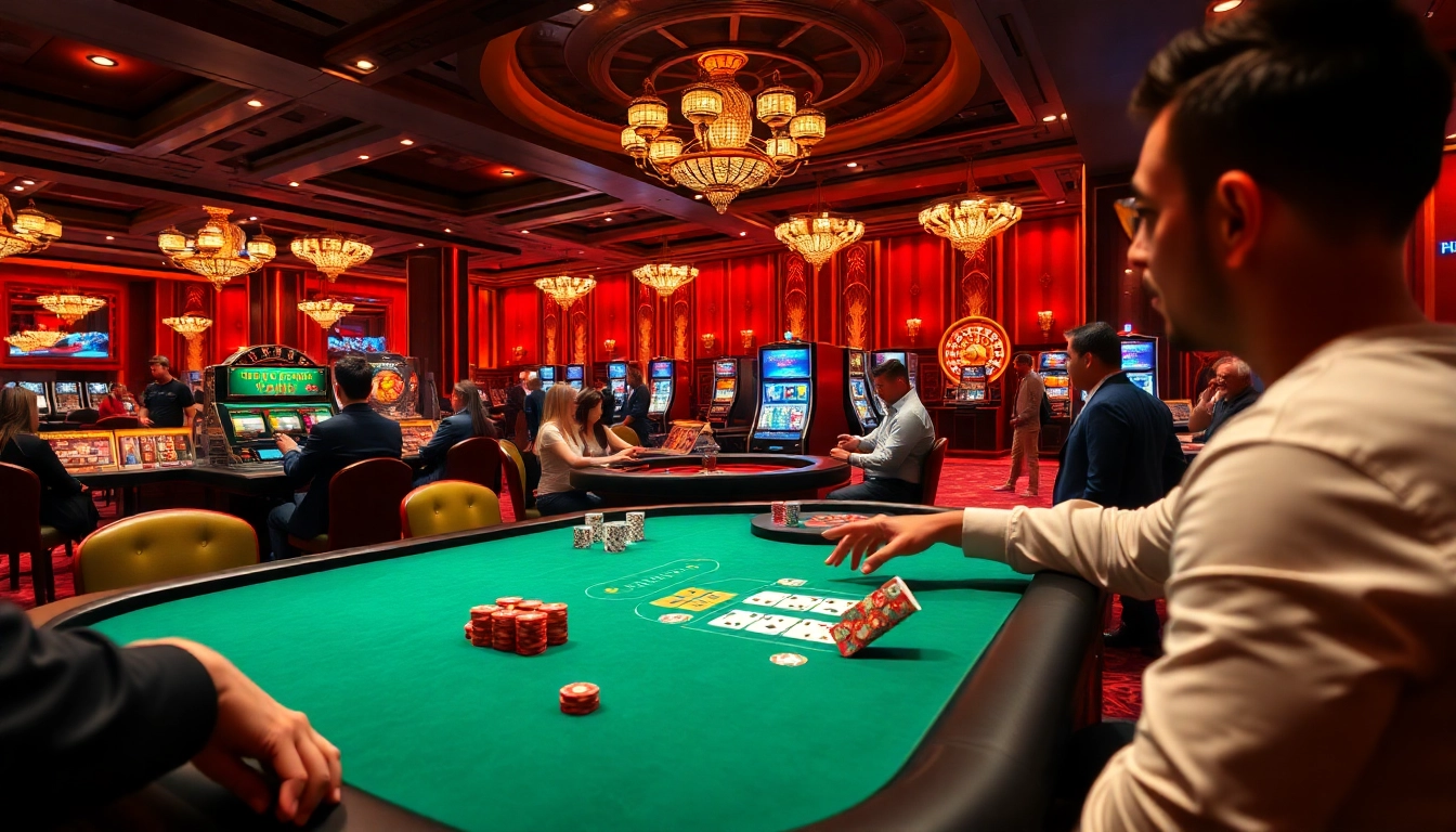 Experience the thrill of casino gaming with XX88, featuring players at poker tables and vibrant slot machines.