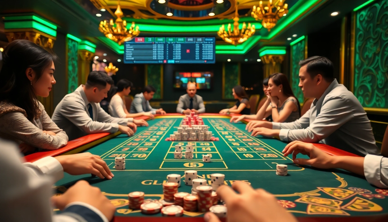 Engaging in tài xỉu online, players immerse in a thrilling dice game at a luxurious casino table.