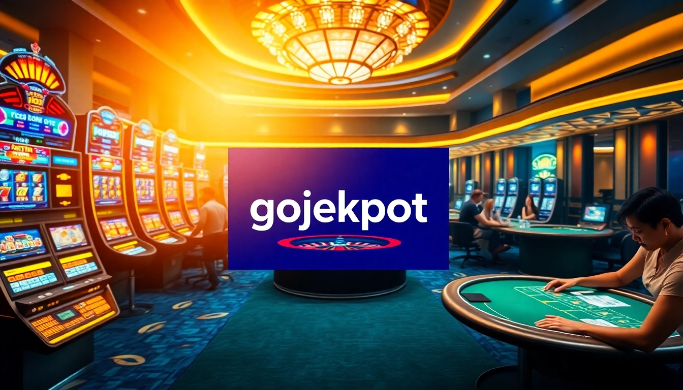 Engaging scene of gojekpot in a luxurious casino with vibrant slot machines and dynamic gameplay.