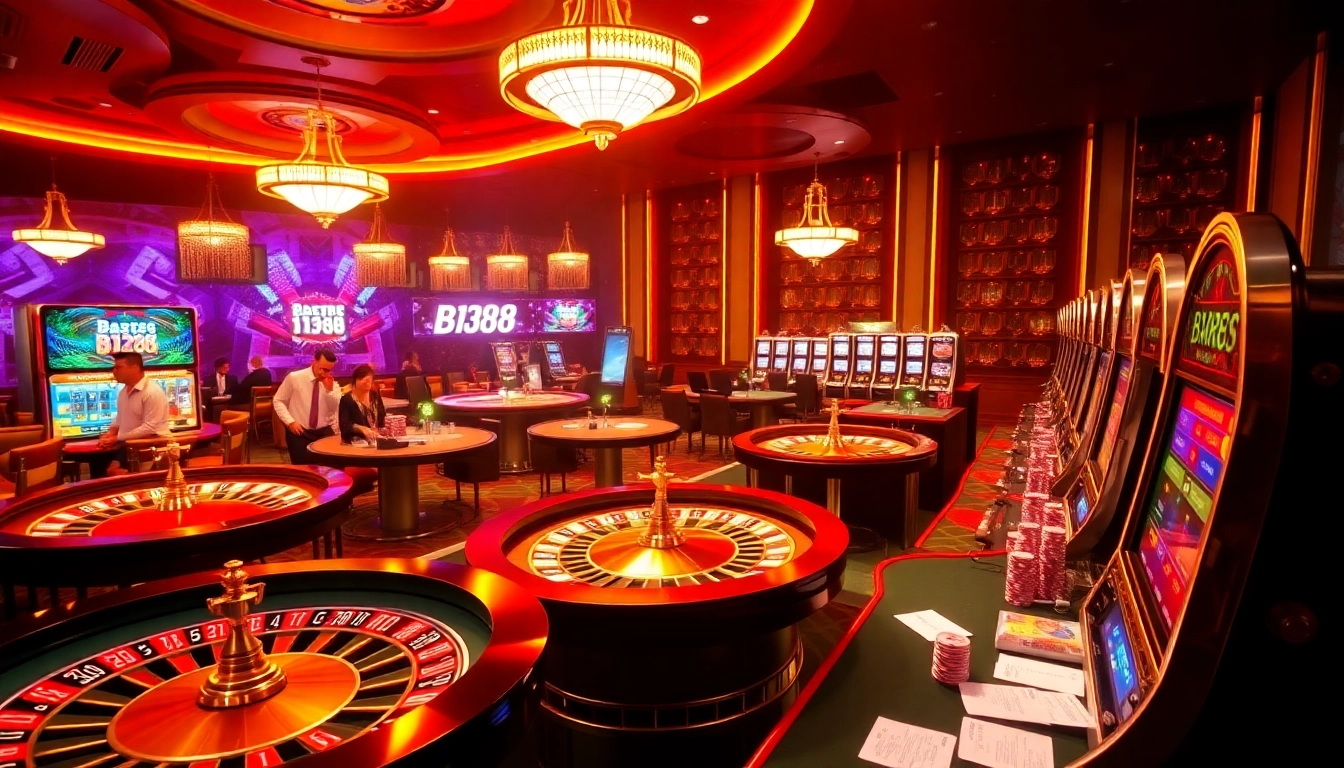 Experience the thrill of BJ388 with vibrant casino visuals featuring roulette wheels and poker tables.