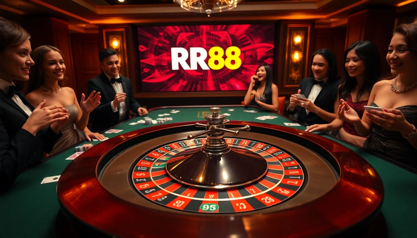 Players enjoying roulette at RR88 casino, highlighting luxury and excitement in gambling.