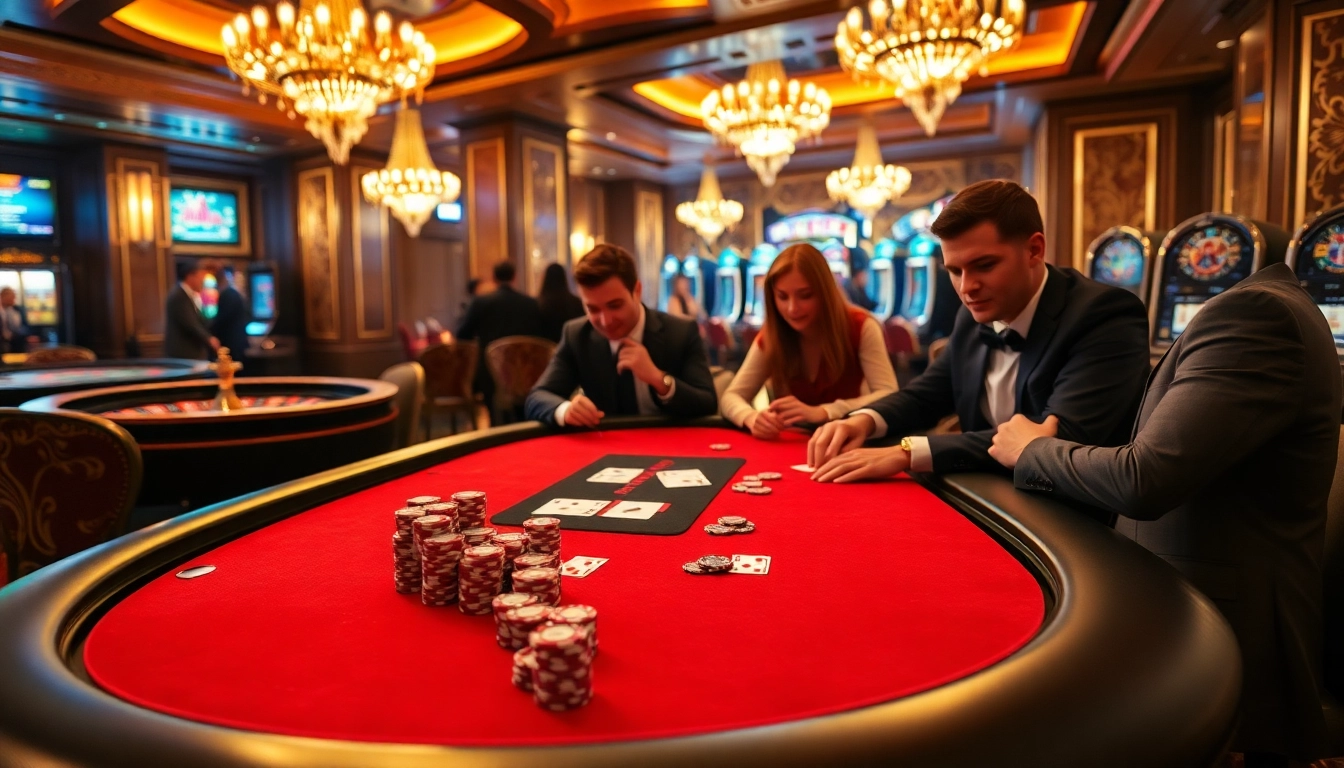 Exciting scene of HITCLUB poker gameplay with luxurious table, chips, and professional players.