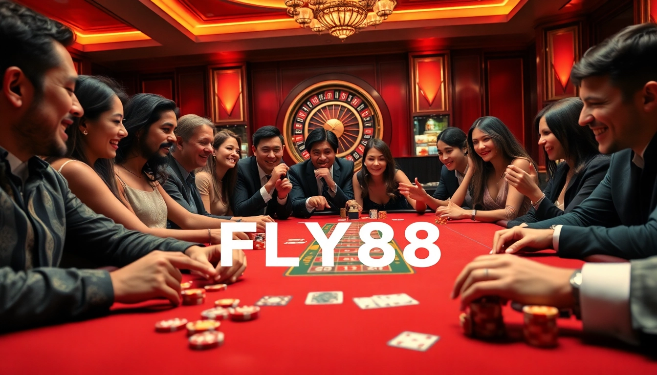 Engage with FLY88 at a luxurious casino poker table filled with colorful chips and eager players.