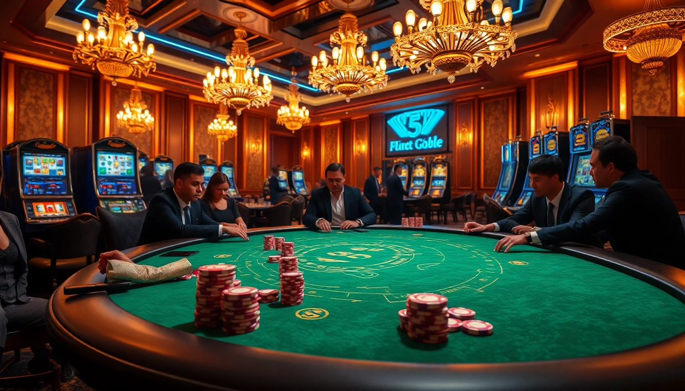 Keen gamblers strategizing at a luxurious casino with vibrant KK55.blue accents.