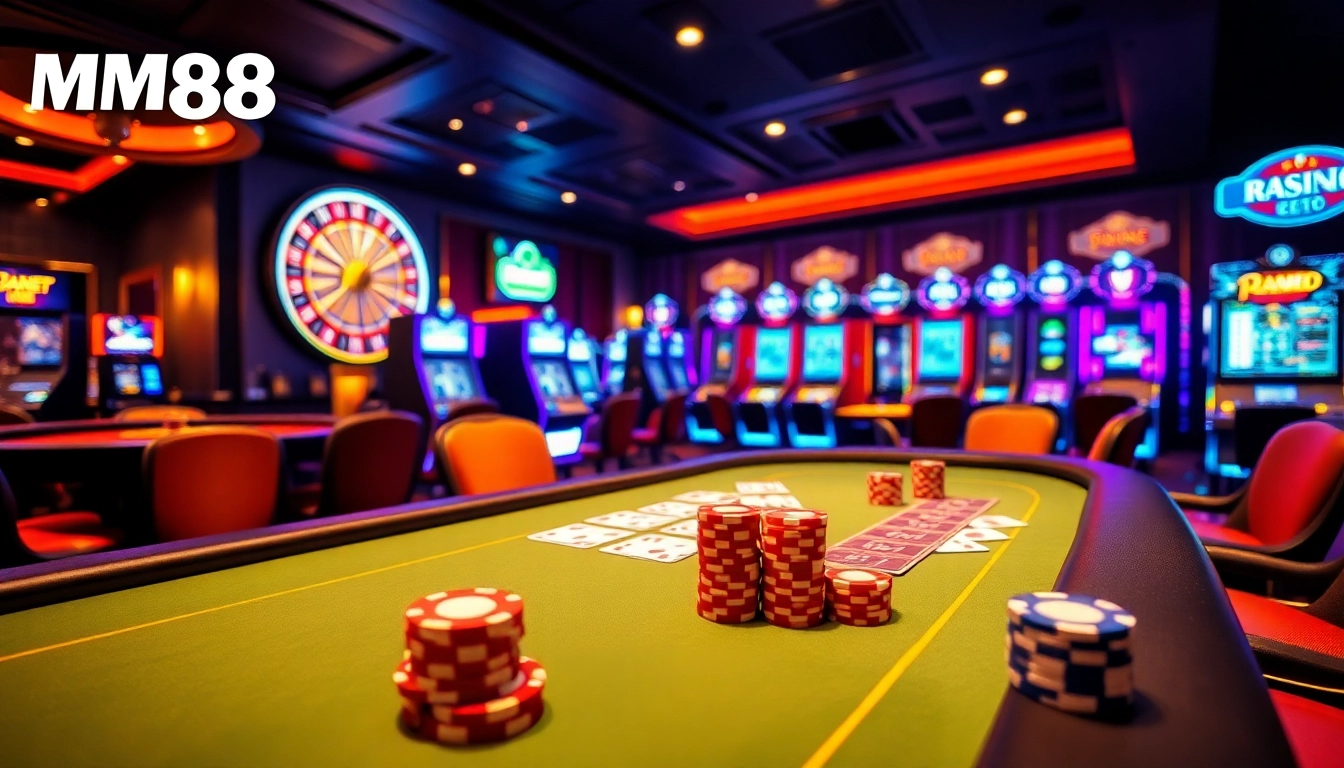 Experience the thrill of gambling at MM88 casino with vibrant poker tables and slot machines.