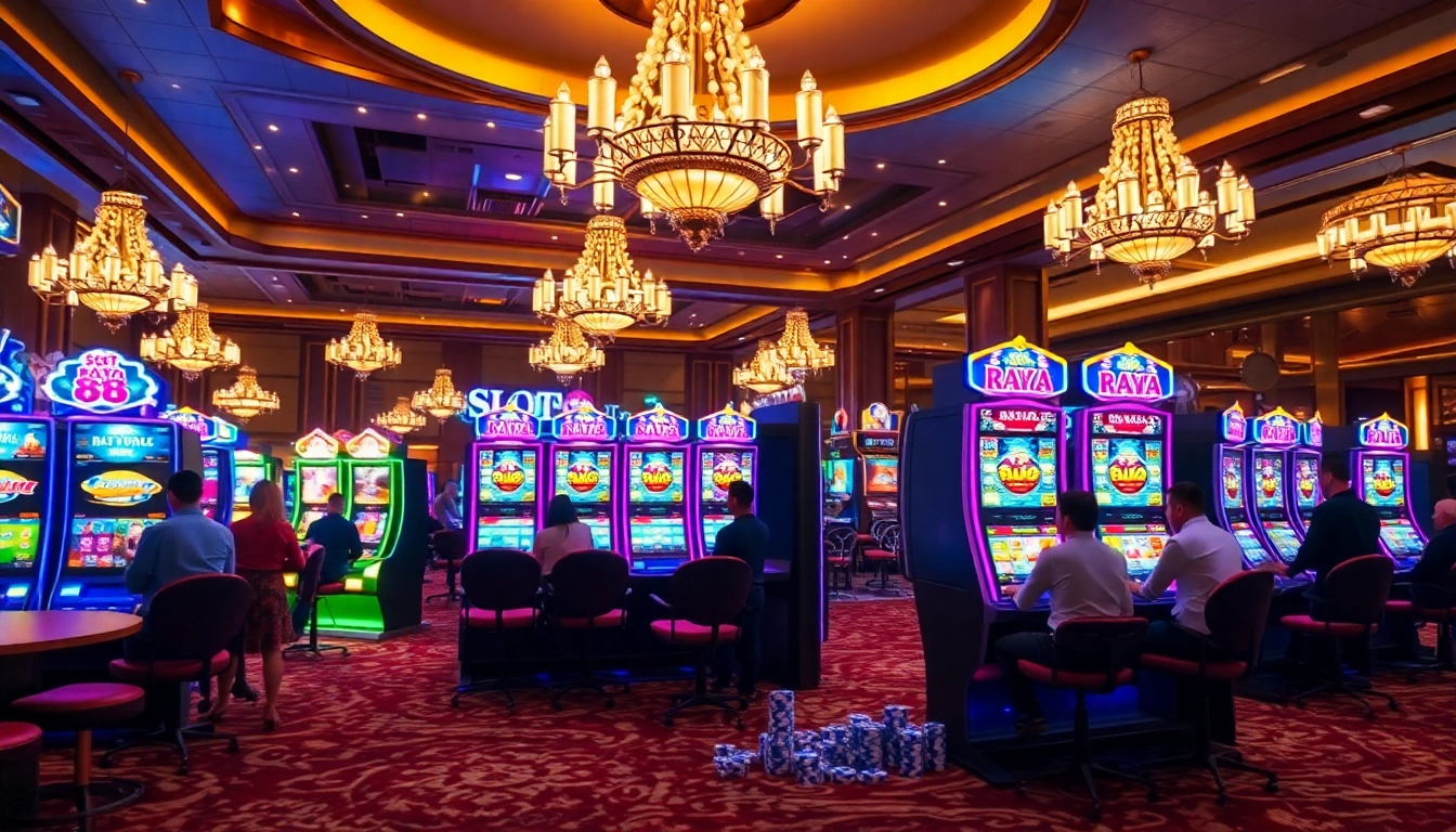 Engaging scene of players enjoying slot API Raja 88 machines in a luxurious casino setting.