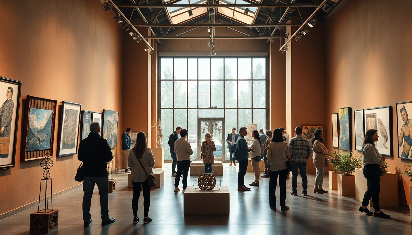 Exposición de arte en Antidogma.mx que muestra obras diversas y visitantes dialogando.