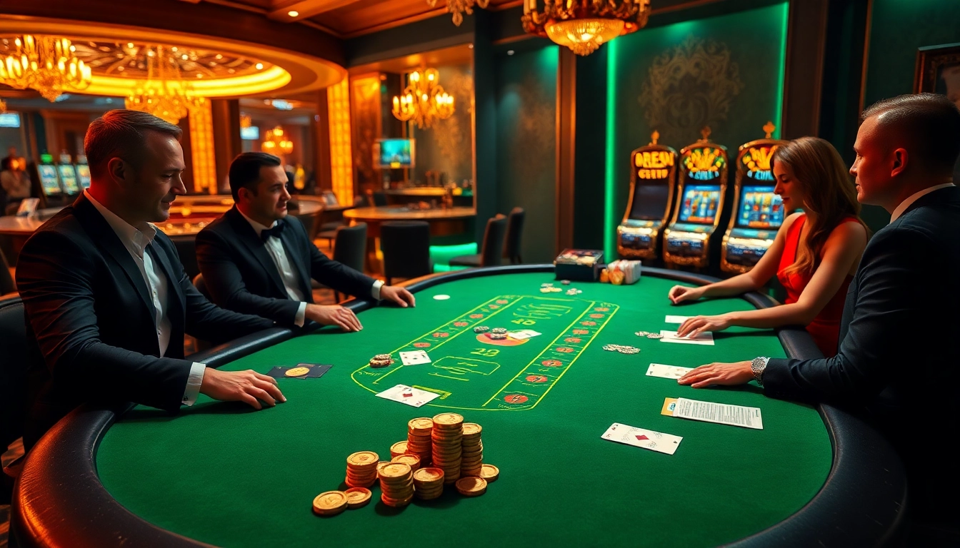 Players enjoying a thrilling game of blackjack at the RR88 casino table, surrounded by luxury elements.