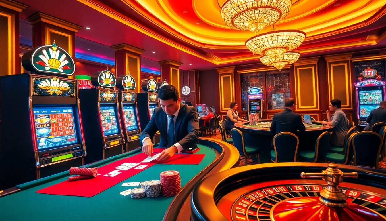 Exciting casino gaming scene at 789f featuring roulette, cards, and vibrant slot machines.