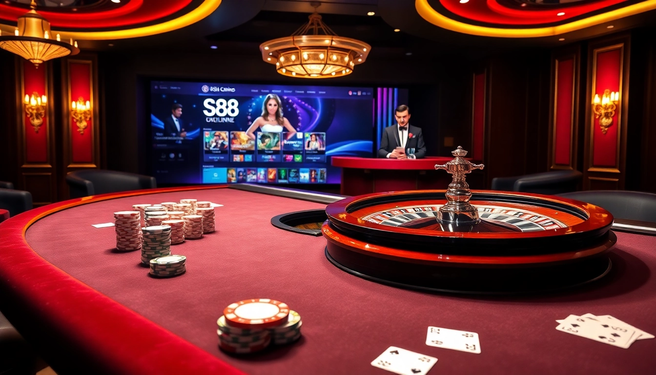 S8 Casino table with poker chips and cards in a luxurious online gambling setting