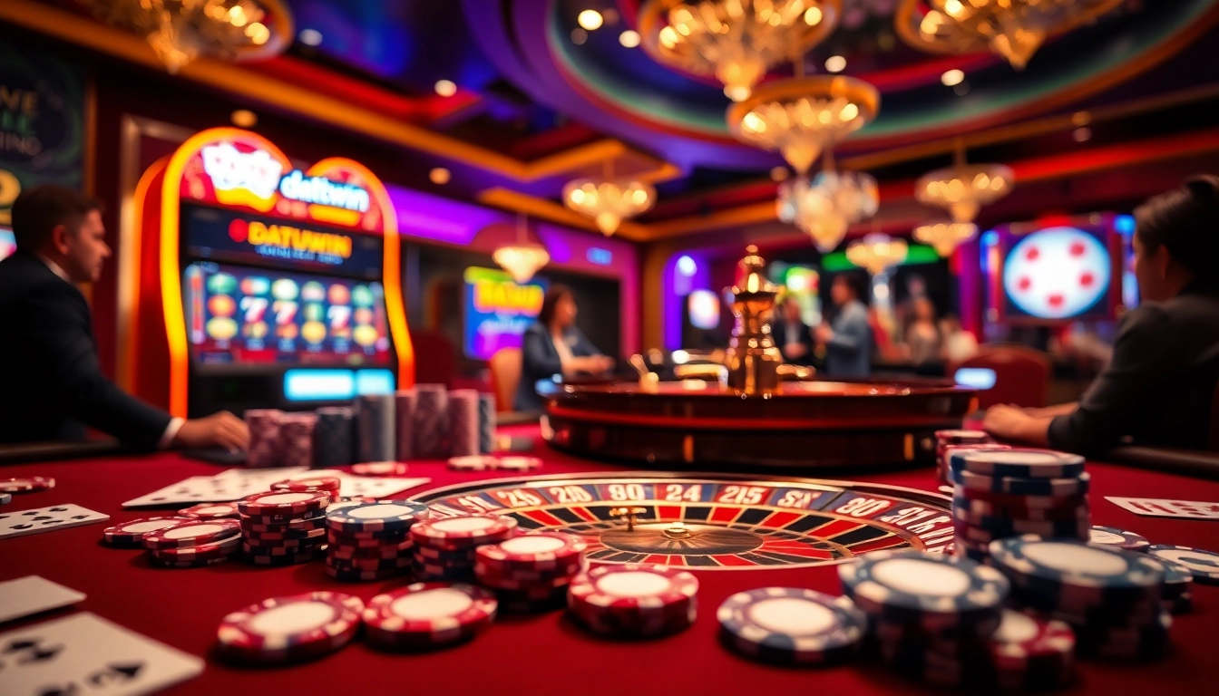 Pemain bermain di meja kasino yang meriah dengan chip Datukwin dan kartu, menangkap sensasi perjudian.