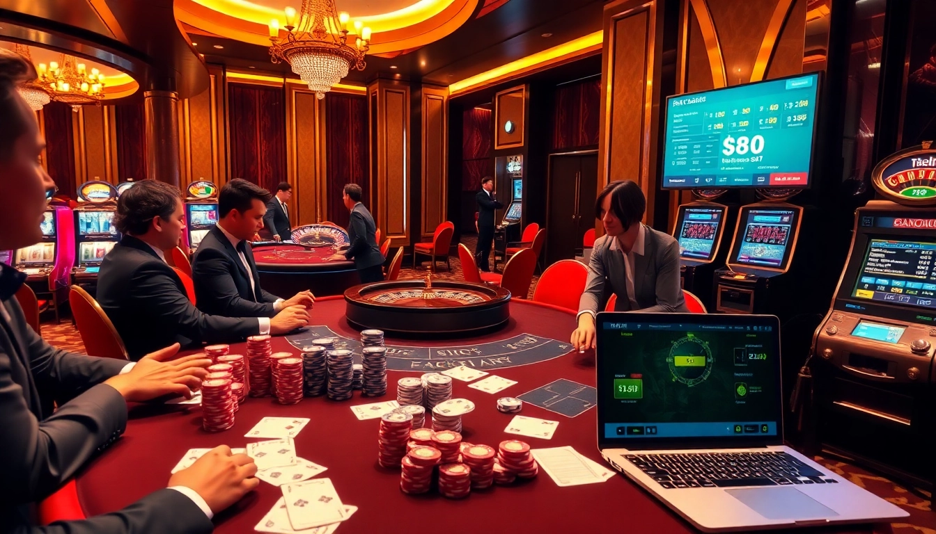 שחקנים נהנים מפוקר בהימור גבוה בקזינו יוקרתי, מדגישים את ההימור ואת ההתרגשות.