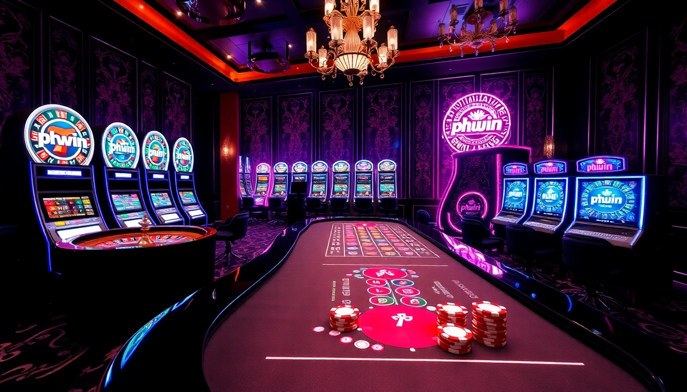 Experience the excitement of phwin in a luxurious online casino setting with vibrant gaming elements.