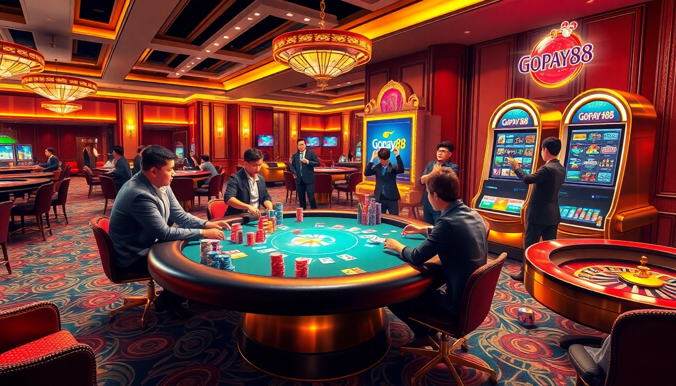 Experience the thrill of gambling at Gopay88 with players enjoying poker and slots in a luxurious casino.