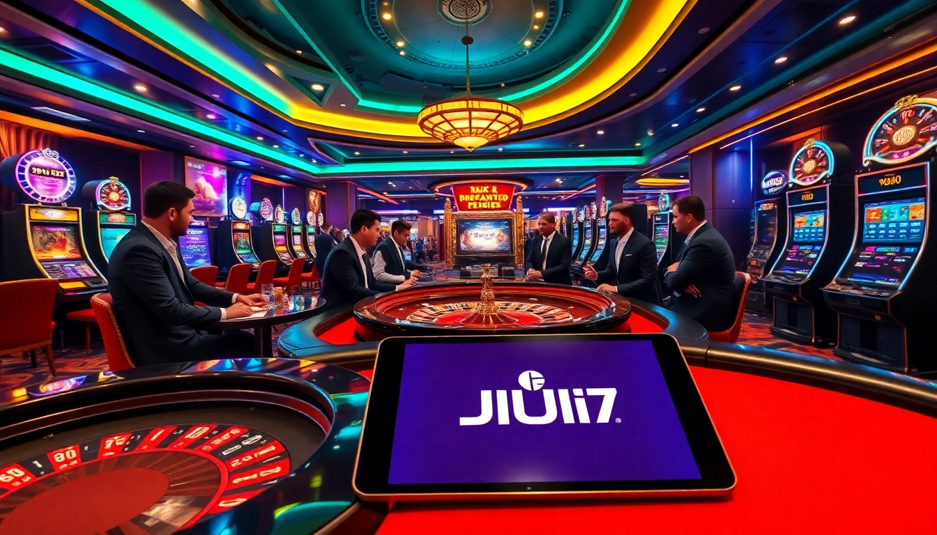 Exciting casino gameplay scene with JILI7 online elements, roulette wheel, and players in action.