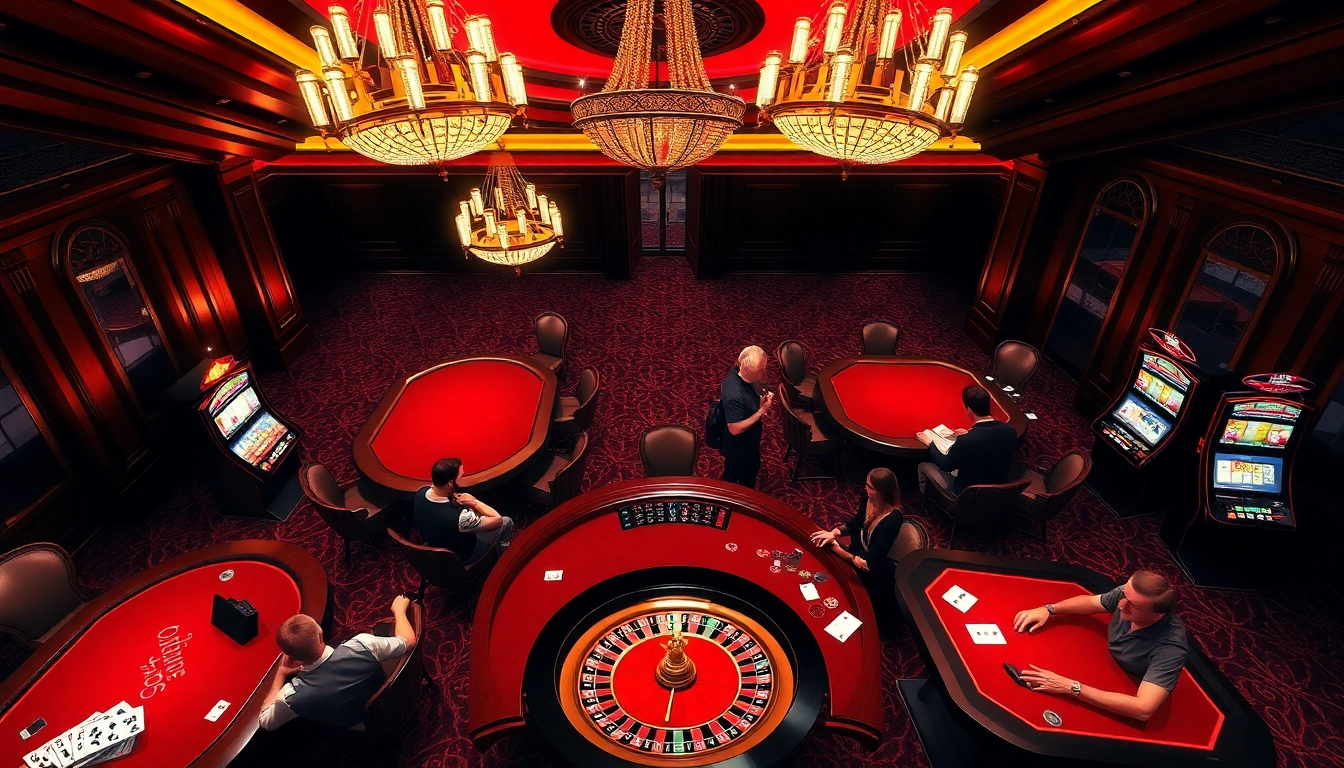 Players enjoying a thrilling game at https://www.eejl33.com/ with vibrant slot machines and a roulette wheel.