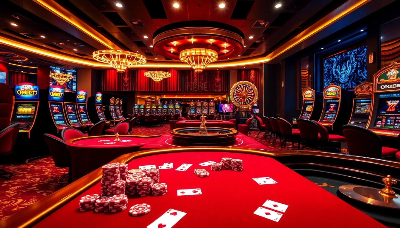 Players experiencing the excitement of ONBET with vibrant casino tables and poker chips.