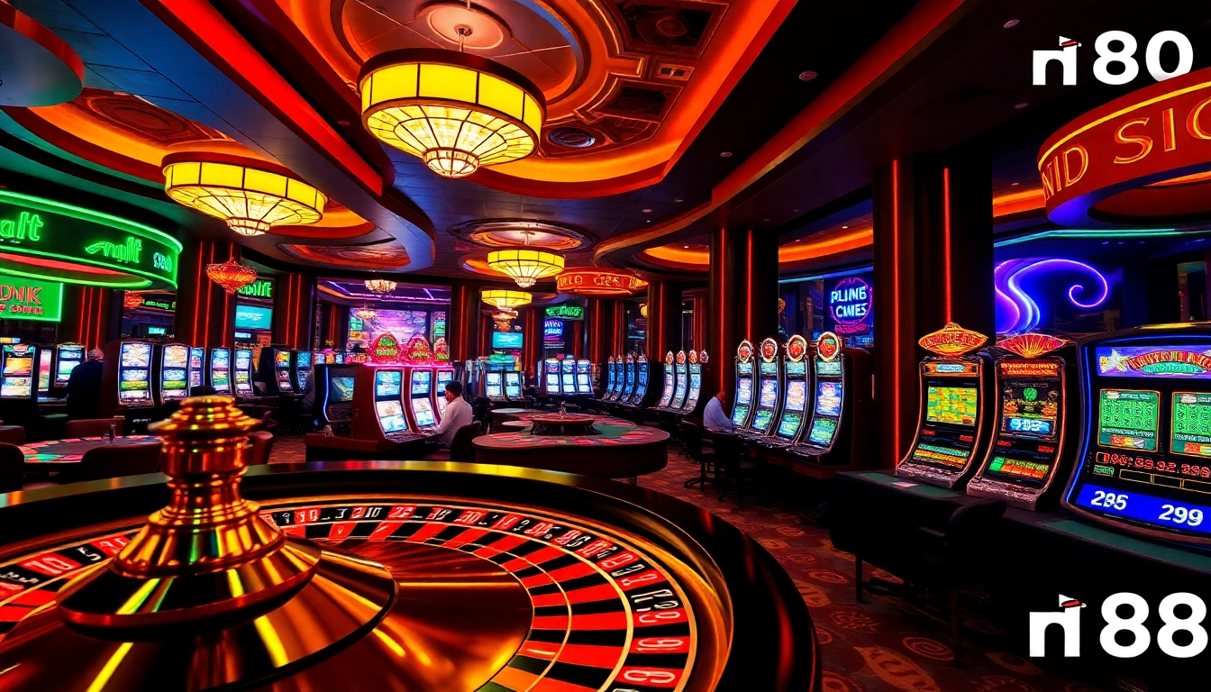 View of an engaging casino scene showcasing poker tables and a roulette wheel, highlighting nh88's gaming offerings.
