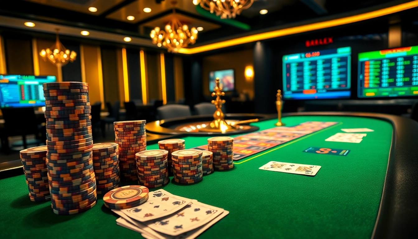 B52 poker table showcasing vibrant chips and cards in an elegant casino setting.
