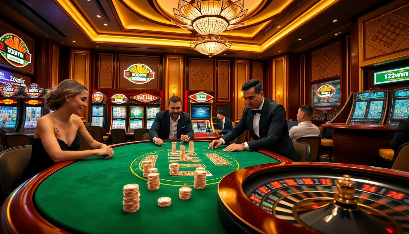 Players enjoy a thrilling poker game at 123win's luxurious casino table with vibrant slot machines.