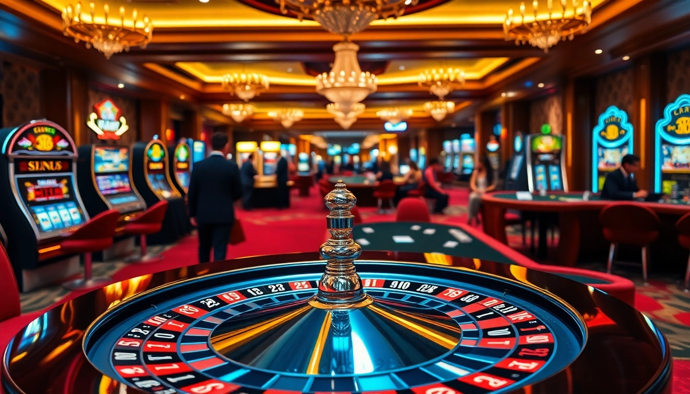 Experience excitement at Xin88 in a vibrant casino scene featuring poker tables and slot machines.