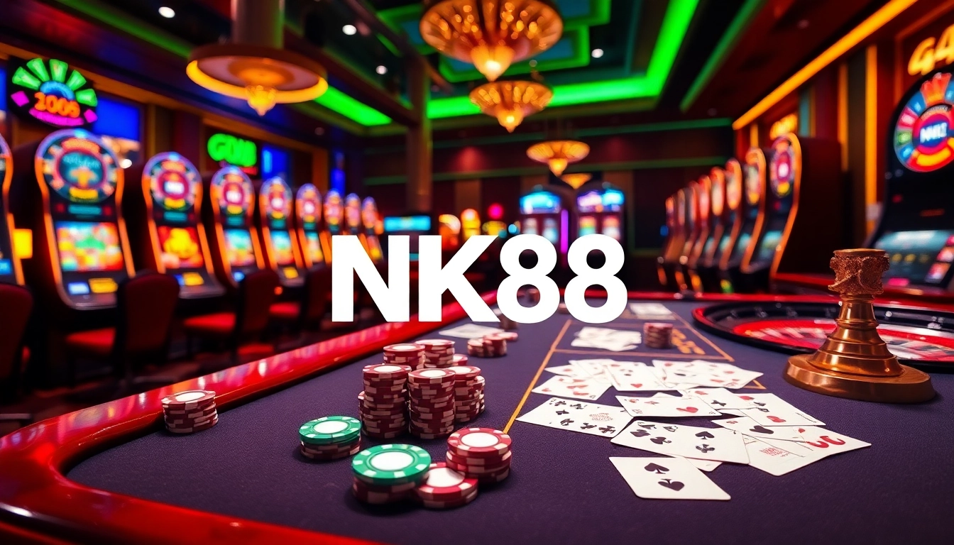 Experience NK88 excitement with vibrant casino tables, cards, and spinning roulette wheel.