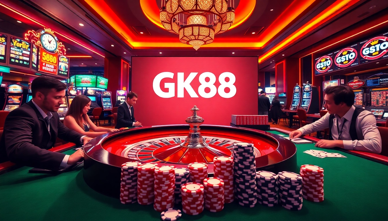 Experience the thrill of GK88 in a vibrant casino scene featuring roulette and poker.
