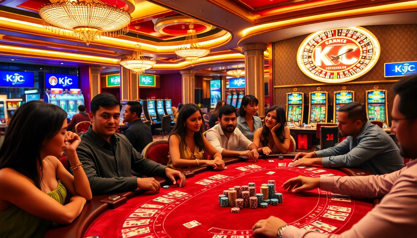 KJC casino featuring an exciting poker game with players engaged and a roulette wheel in the background.
