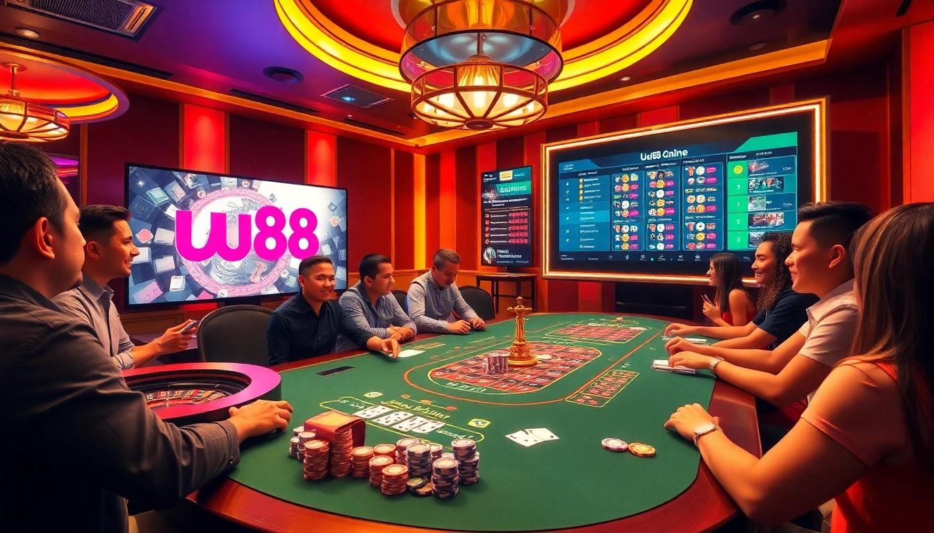 Experience the excitement of uu88 online with this lively casino scene featuring poker tables and vibrant gaming elements.
