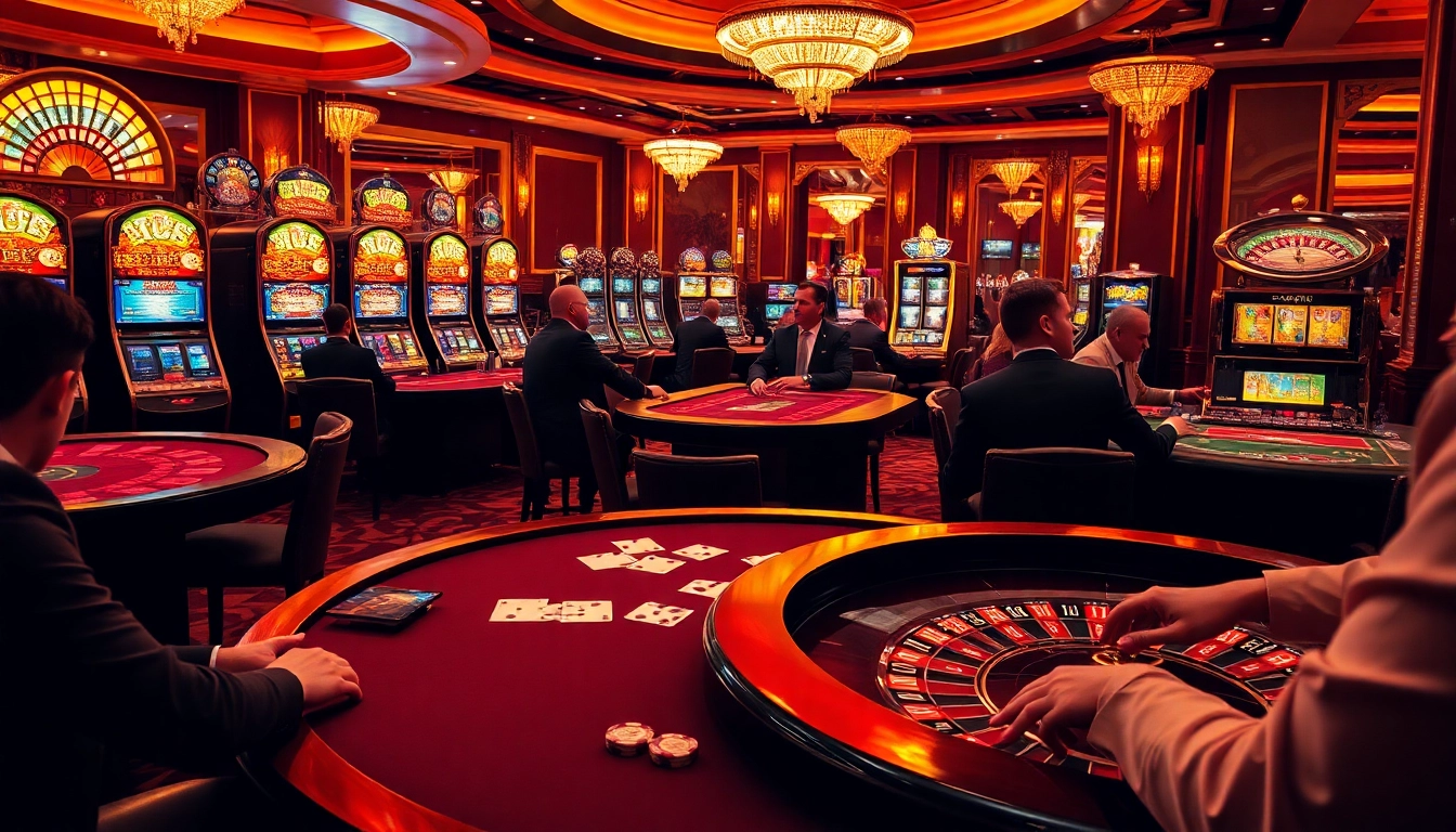 Experience the thrill of betting in a luxurious casino featuring vibrant tables and glowing slot machines.
