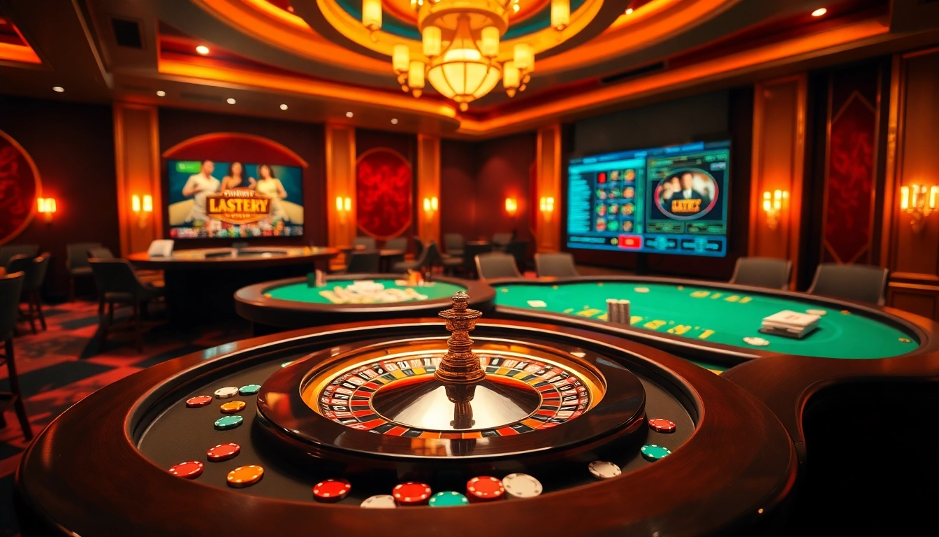 Link LC88 casino scene featuring roulette and poker tables, vibrant atmosphere with colorful chips.