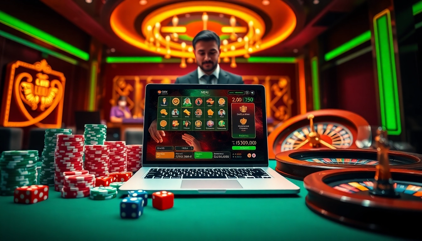 Tài xỉu online gameplay with a vibrant casino backdrop featuring colorful chips and dice.