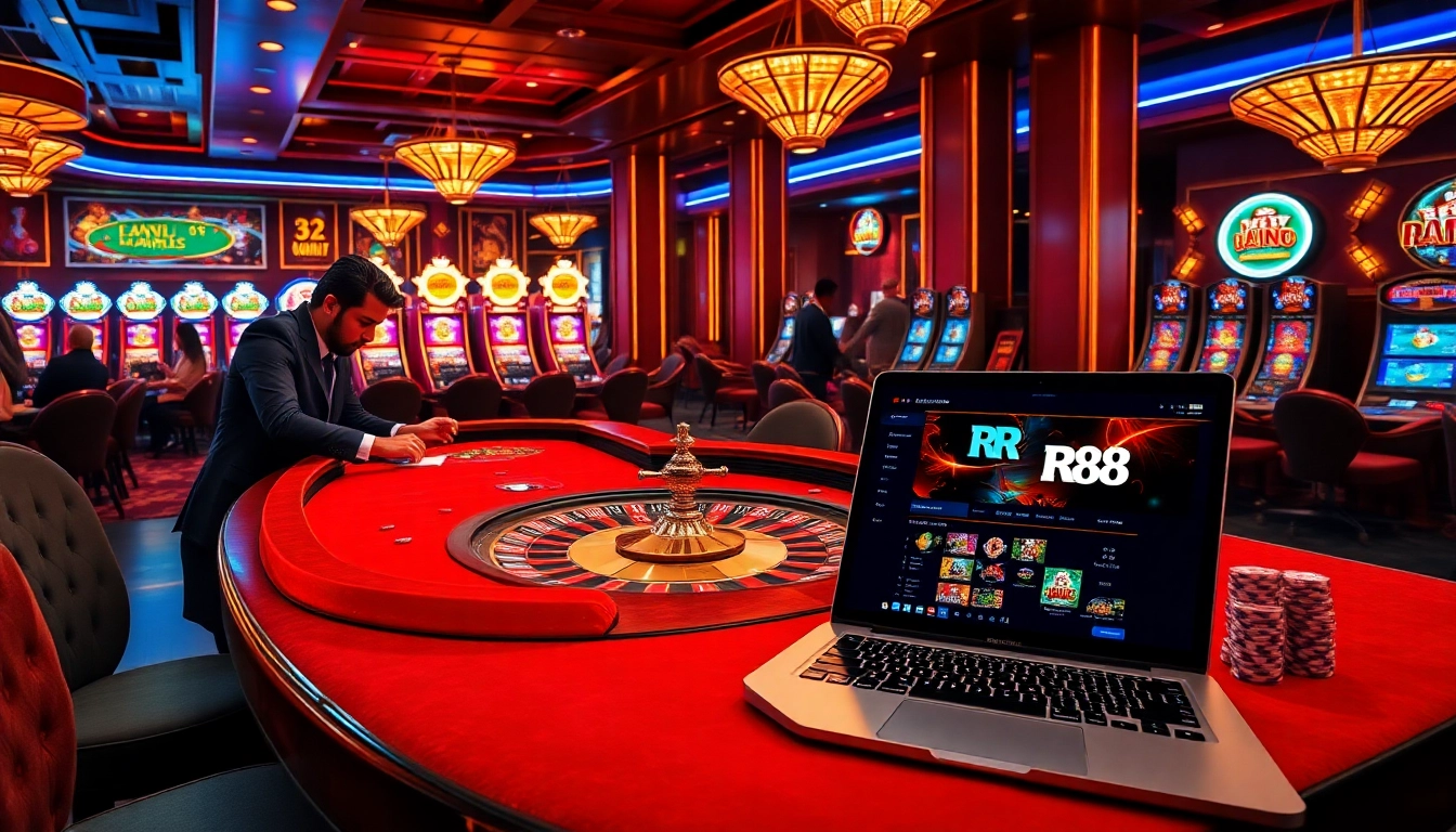 Players enjoying the RR88 casino experience with roulette and poker tables in a luxurious setting.