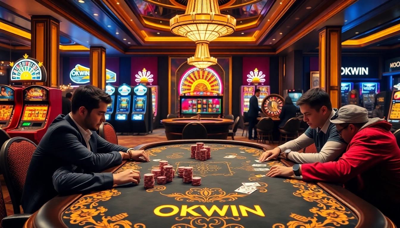 Players engaging in a high-stakes poker game at a luxurious OKWIN casino.