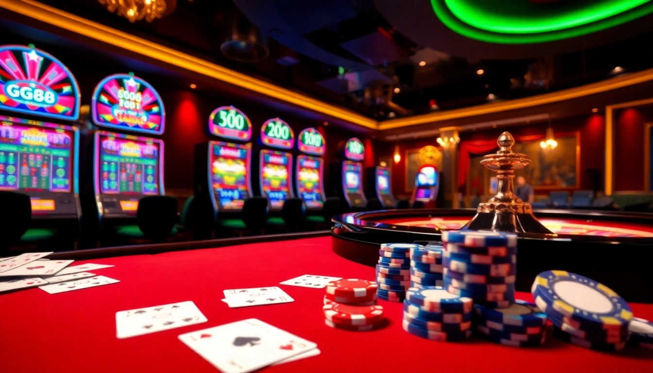Exciting GG88-themed casino table filled with poker chips and colorful slot machines in a luxurious setting.