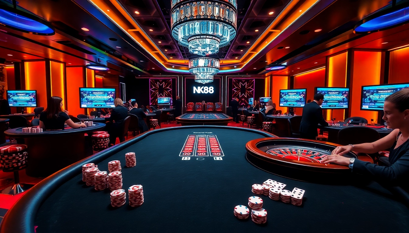 Engage with thrilling gaming excitement at nk88.center featuring poker, roulette, and vibrant casino tables.