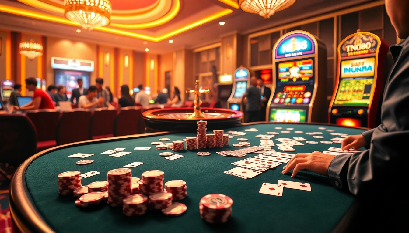 Experience high-stakes gaming action on the nh88 poker table with vibrant cards and chips.