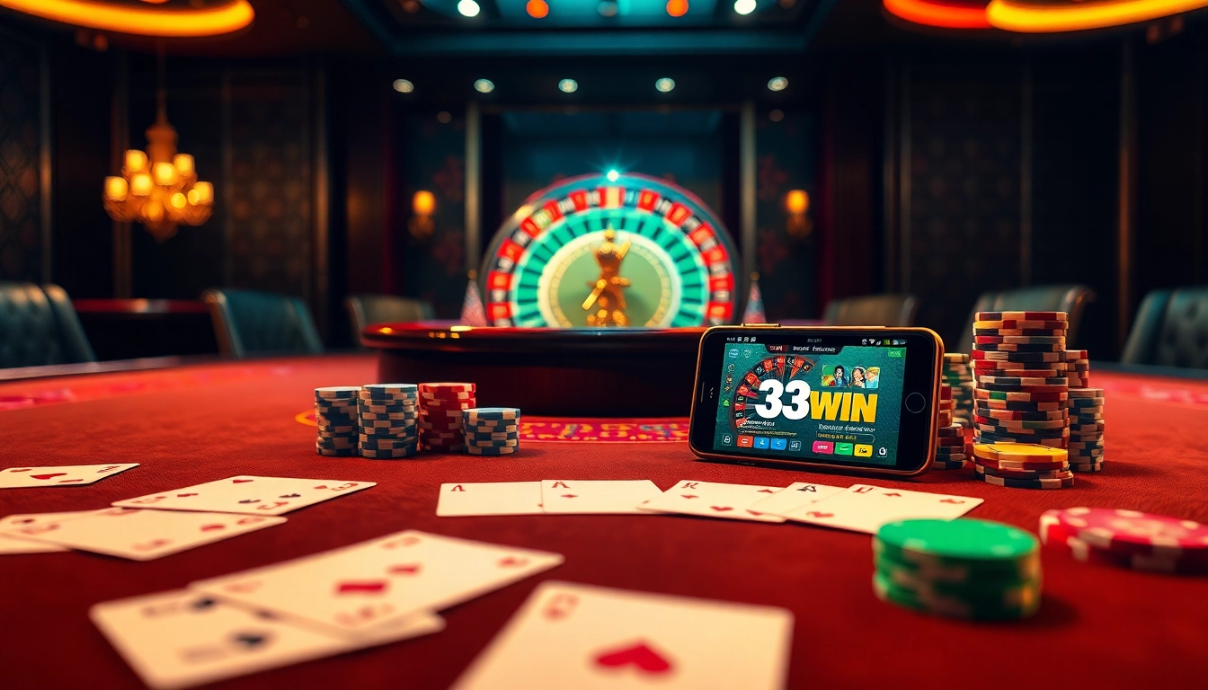 Exciting casino gameplay at 33win with colorful chips and a thrilling roulette wheel.