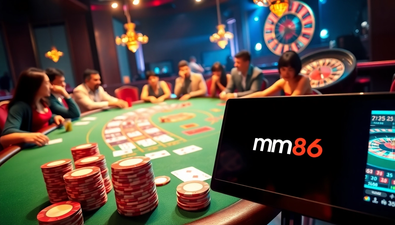 Experience exhilarating gameplay at mm88, featuring vibrant casino tables and enthusiastic players.