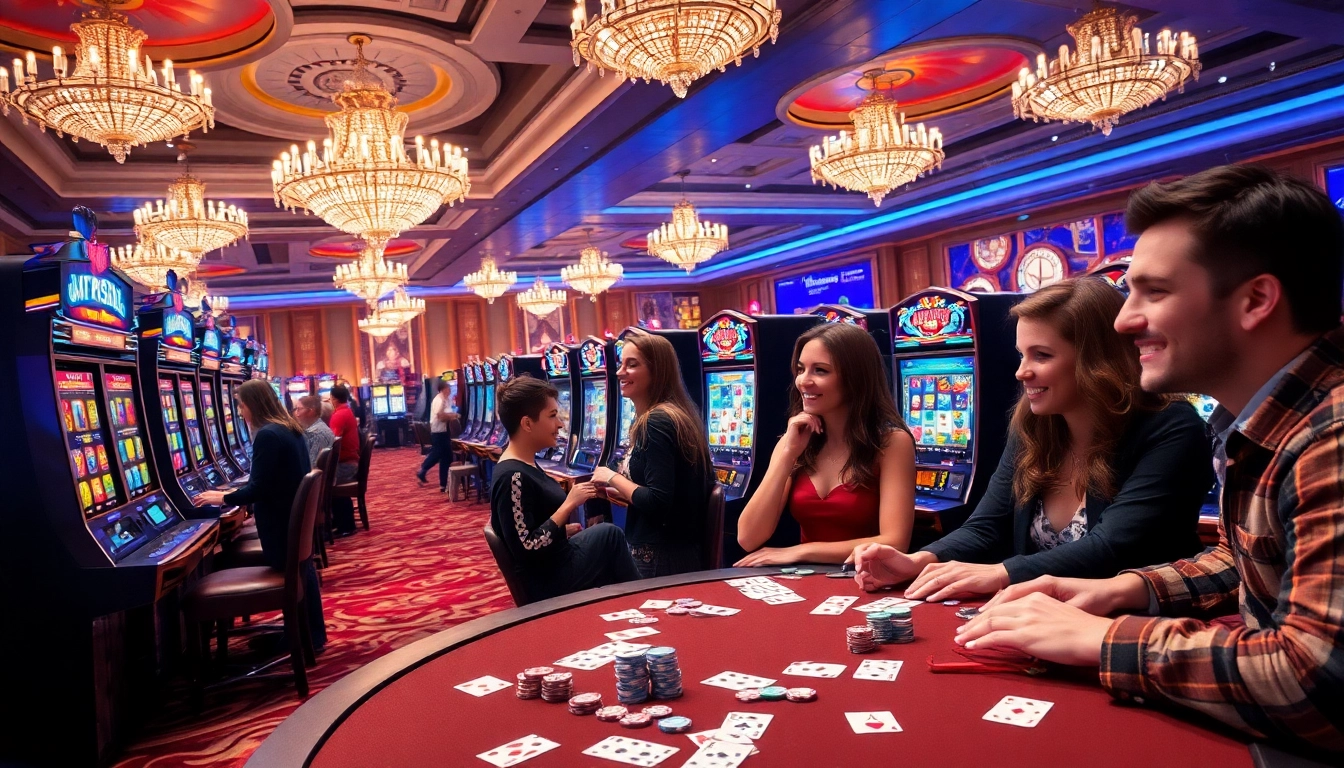 Thrilling PGSLOT gameplay in a vibrant casino setting with diverse players excitedly engaging in high-stakes slots.