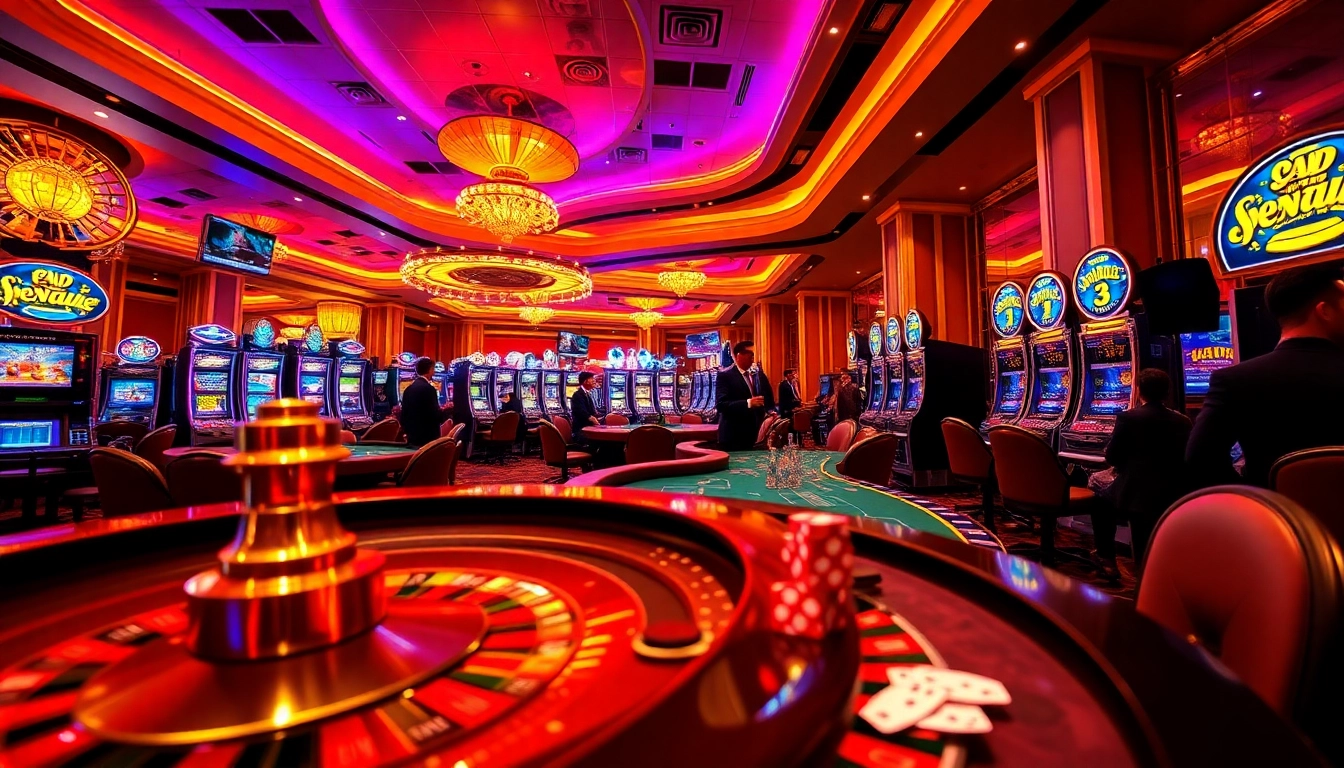 Experience the excitement of FUN79 at a vibrant casino with poker tables and roulette wheels.