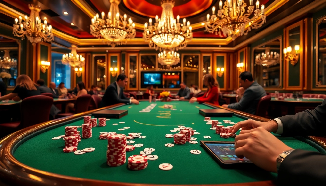 Players engaging in intense poker action at https://www.2ph222.com/, surrounded by luxury casino decor.