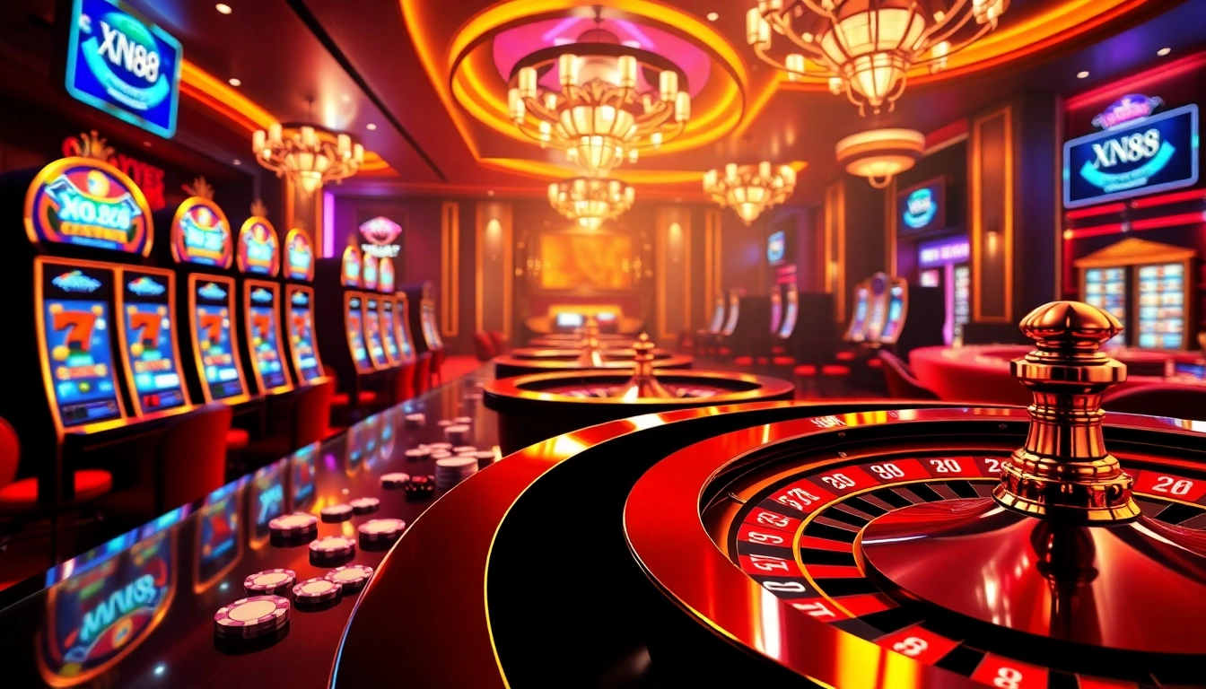 Exciting gambling scene at XN88.com with vibrant slot machines and poker chips.